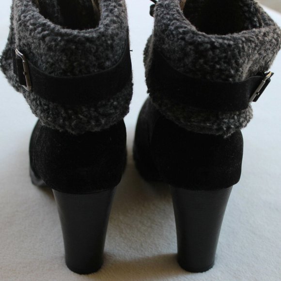 NEW BLACK FAUX SUEDE BOOTS FUR TRIM 3 ½” HEELS WOMENS SIZE 43 / US 10 - Picture 2 of 4